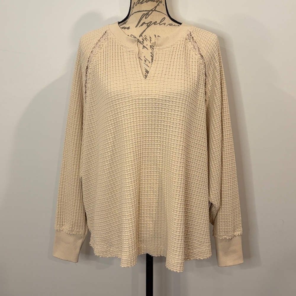 American Eagle Big Hug waffle knit notch neck oversized top sweatshirt M - Picture 2 of 12